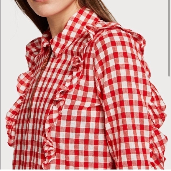 Scotch & Soda Ruffled Gingham Quarter Zip Top Size Extra Small - Picture 2 of 7